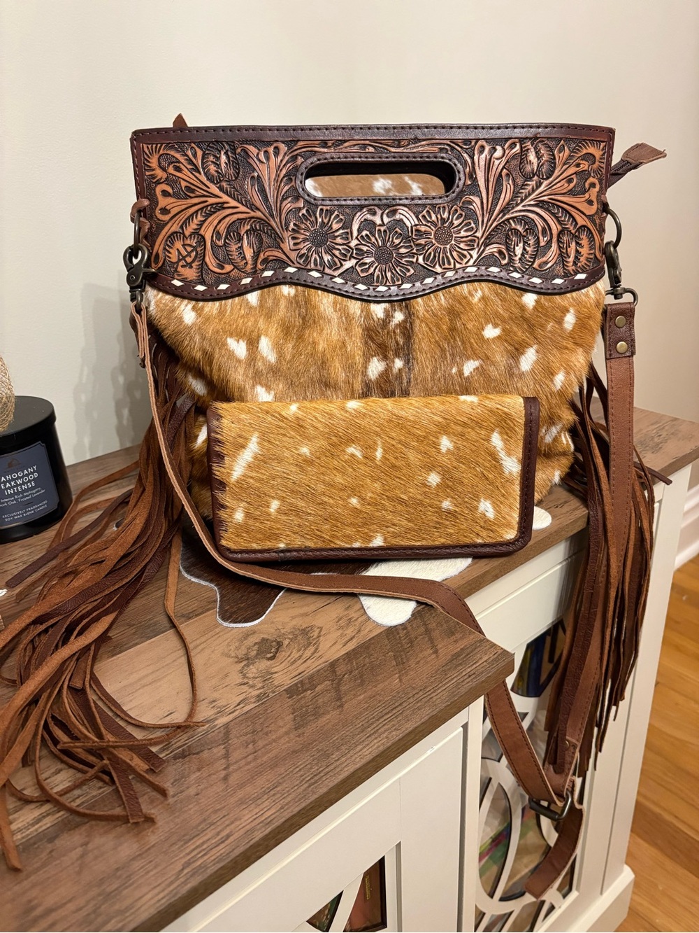 American Darling Tooled Leather & Brown Axis Hide Fringe Crossbody Bag & Wallet